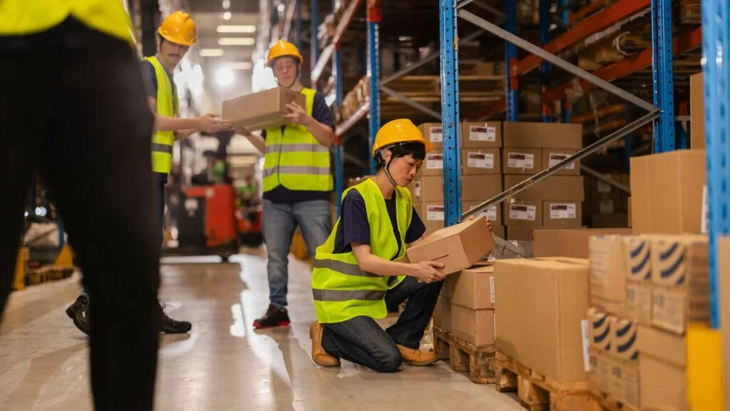 Equipo ordenando un almacén logístico de fulfillement
