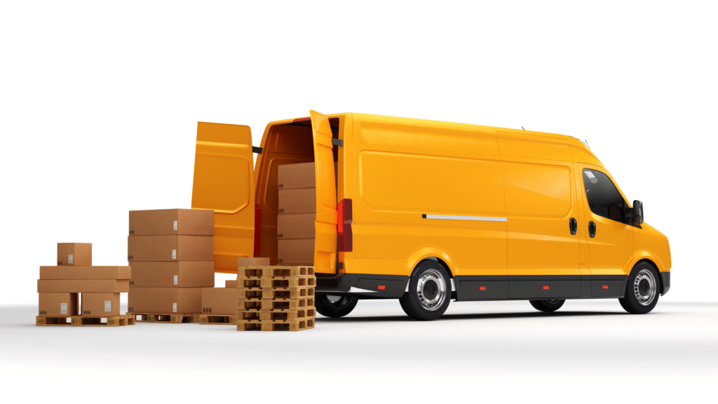 Small truck on white background with lots of small parcels in the back
