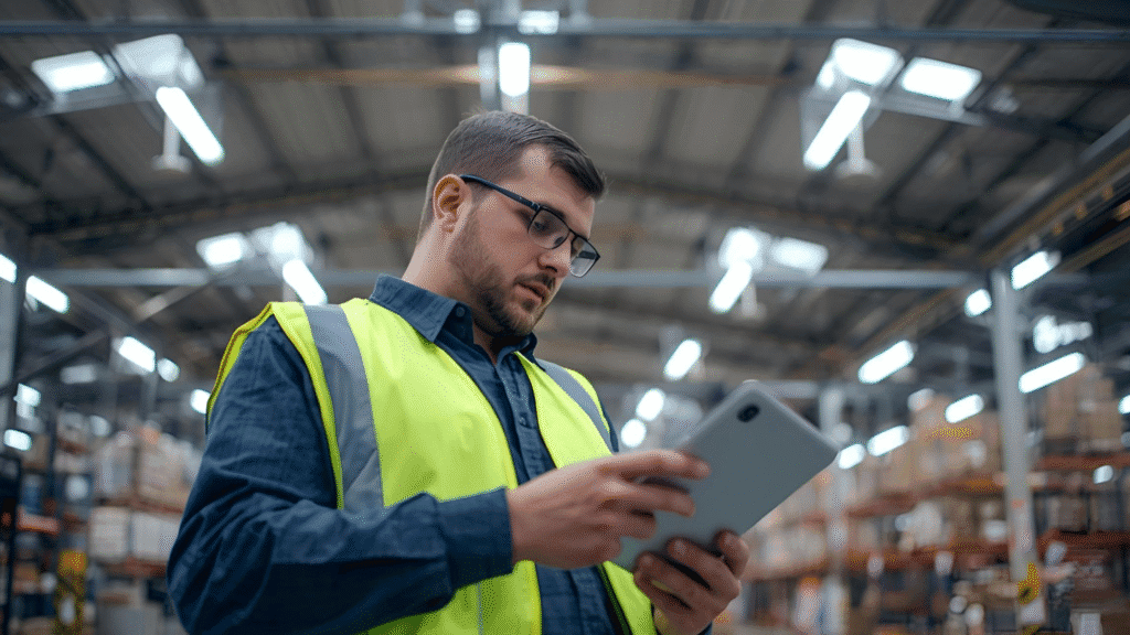 illlustration IA d'une vérification de stock dans une entreprise de logistique externalisé